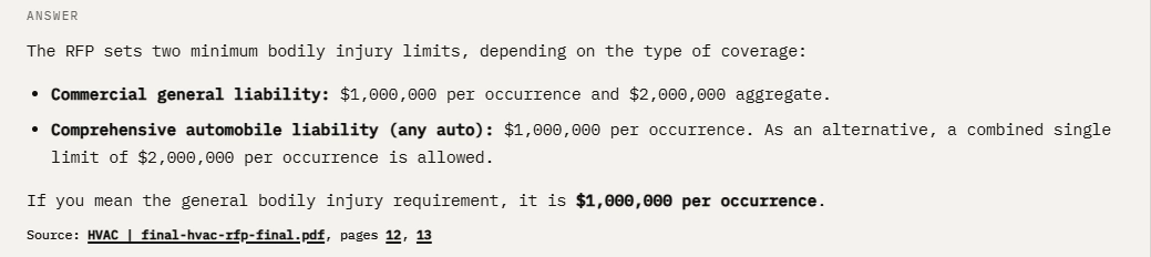 Vantage answering a question about the minimum required bodily injury coverage, with a source link to pages 12 and 13 of the document